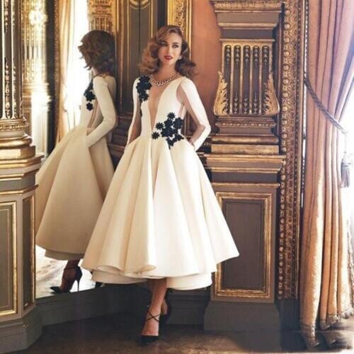 2021 Ivory A Line Graduation Dresses V Neck Long Sleeves Black Flowers Tea Length Evening Formal Dress robe de soirée de mariage