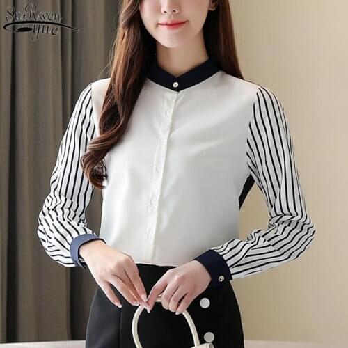 2021 Office Lady Long-Sleeve Korean Striped Blouse Women Autumn New Stand Collar Shirt Women Plus Size Chiffon Ladies Tops 10751