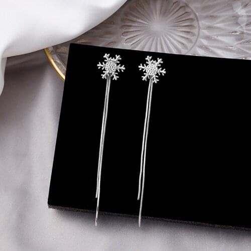 2020 Korean Shiny Rhinestones Snowflake Long Tassel Earrings Fashion Sliver Color Metal Statement Drop Dangle Earrings Jewelry