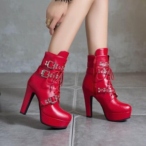 Ankle Boots for Women Plus size 50 Fashion Leather Short Boots Sexy Extreme High Heels Platform Wedding Party Shoes Woman 3996