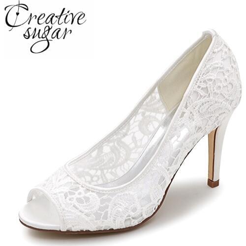 Creativesugar Elegant lace see through breathable mesh open peep toe woman pumps bridal wedding party dress shoes ivory white