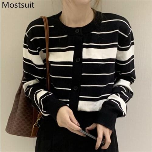 Color-blocked Striped Knitted Women Cardigan Single-breasted O-neck Korean Vintage Sweaters Casual Fashion Female Jumpers Tops
