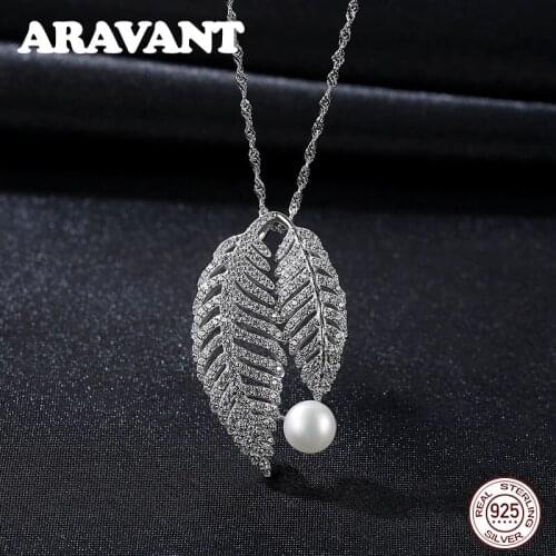 Luxury Brand 925 Sterling Silver Leaves Zircon Pearl Pendant Necklaces For Women Wedding Pearl Jewelry