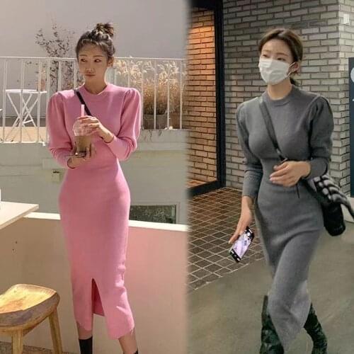 Korean Winter Warm Knitted Sweater Dress Women O-neck Puff Long Sleeve Slim Waist Front Split Bodycon Dresses New Vestidos