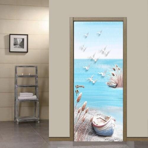 2pcs/set European Style Sea Beach Boat Birds DIY Art Mural Door Sticker Decoration Wall Stickers Removable Waterproof Wallpaper