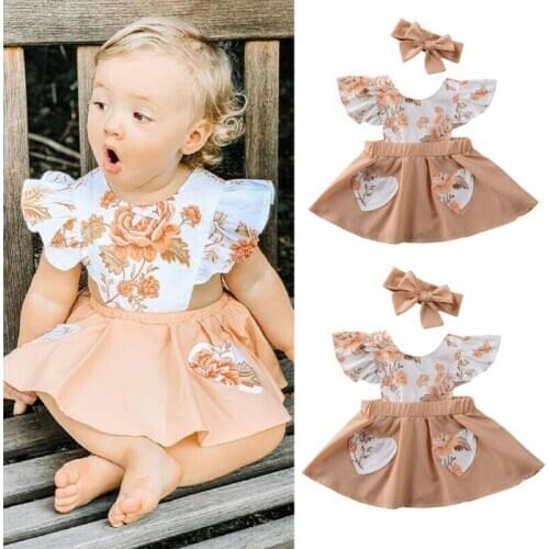PUDCOCO 2PCS Newborn Infant Baby Girl Clothes Flower Ruffle Princess Dress Sundress Headband Outfit 0-18M