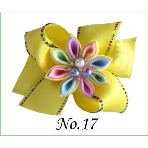 200 BLESSING Good Girl 4.5" Coral Hair Bow Clip Rainbow Rhinestone Pearl Flower