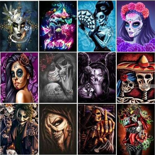 5D DIY Diamond Painting Cross Stitch Skull Halloween Full Rhinestone Diamond Embroidery Mosaic Cartoon Flowers Handicraft Gift