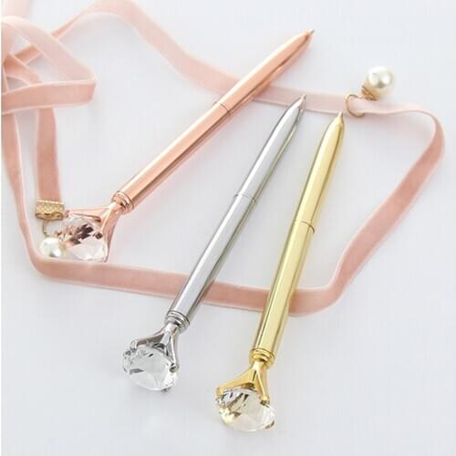 Big Diamond Crystal Pen Gem Ballpoint pens ring wedding Metal BallPen Kawaii Magical Pen Fashion School Office Supplies