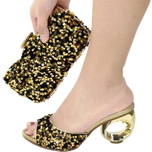 Doershow beautiful gold Italian Shoes With Matching Bags African Women Shoes and Bags Set For Prom Party Summer Sandal HUQ1-4
