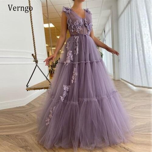 Verngo Elegant Lavender Tulle A Line Long Prom Dresses 2021 V Neck 3D Flowers Layer Corset Fitted Floor Length Evening Gown