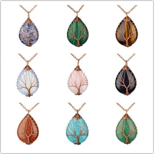 FYJS Unique Copper Plated Wire Wrap Water Drop Tiger Eye Stone Pendant Black Agates Necklace Tree of Life Jewelry