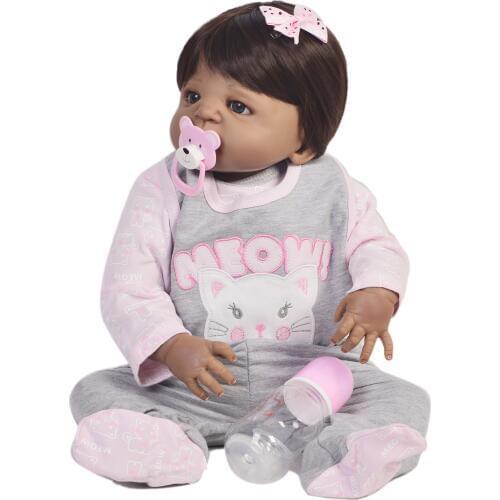 23inch black skin boneca reborn 0-3 months newborn baby doll silicone vinyl body real touch hot bath toys gift for girls lol dol
