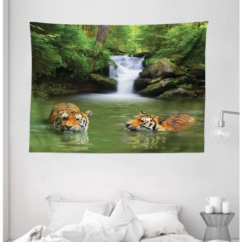 Safari Tapestry Siberian Tigers In Water Waterfall Pool Woodland Swimming Natural Wall Hanging For Bedroom Living Room Dorm