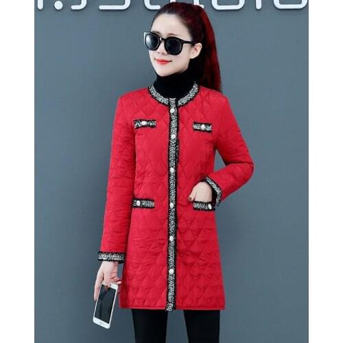 Cotton Clothes Womens Middle And Long Winter Korean Loose Cotton Clothes Woven Diamond Lattice Light Down Cotton Lady Coat