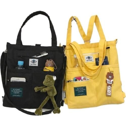 Canvas Women Handbag Shoulder Bags Large Capacity Simple Folding Handbags Tote Shopping Bag With Frog Pendant Book Bags For Girl