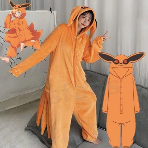 Anime Kurama Nine Tailed Fox Pajamas Cosplay Costume Adult Jumpsuits Flannel Home Sleepwear Unisex Kurama Flannel Nightgown Suit