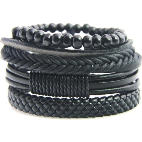 4pcs/Set Leather Bracelet Men Multilayer Bead Bracelet Punk Wrap Bracelets for Women Vintage punk Men Jewelry Multi Color Select
