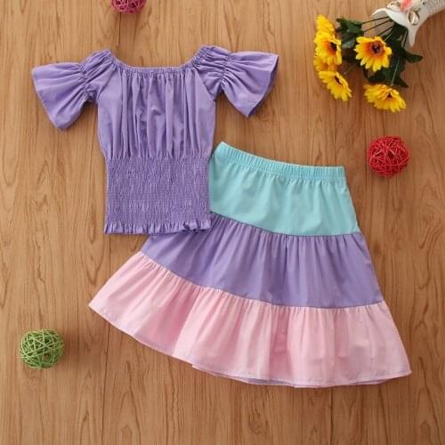 Girls Clothing Set Summer 2021, Breathable Short Sleeve Corset Tops and Patchwork Skirt Two-piece Suit for Birthday Party