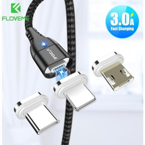 FLOVEME 3in1 Magnetic Cable Braid Micro USB Type C Cable For iPhone Lighting 3A Fast Charging Cord Type-C Magnet Phone Cable