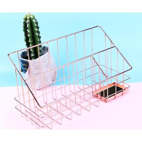 Rose Gold Metal Storage Basket Office Table Book Pen Finishing Basket Scandinavian Kitchen Seasoning Bottle Organizer Rack