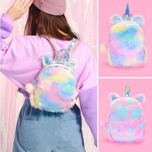 Mini Unicorn Fashion Backpack Bags Faux Fur Small Bagpacks Hologram Leather Cartoon Teenager Schoolbag
