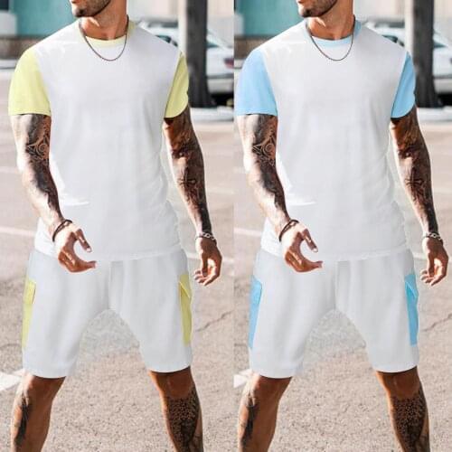 Men’s Summer Sets 2-piece Beach Patchwork Short Sleeve Shirts & Shorts Pants Sets Comfy Outdoor Walking Suit Fast Free Shipping