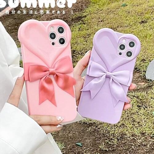 Love Pattern 3D Bowknot Candy Color Phone Case for iphone11 12ProMax XS 7 8plus Lens Protection Soft Silicone Shockproof Cover
