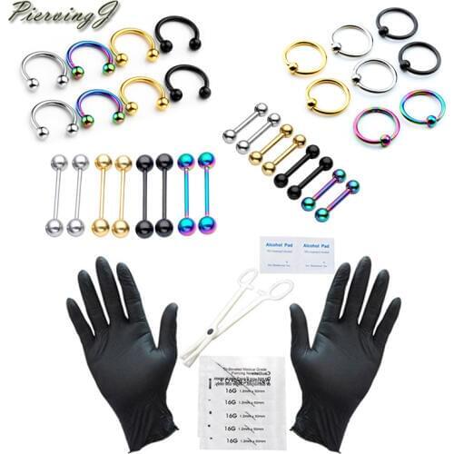 PiercingJ Tongue Eyebrow Nose Belly Button Body Jewelry Piercing Rings Clamp Gloves Needles Tool Kit Ear Plug Prong Studs 42pcs