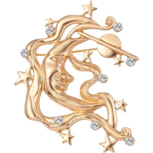 Exaggerated Crystal Moon Shape Brooch Badges Metal Gold Color Moon lapel pins jewelry