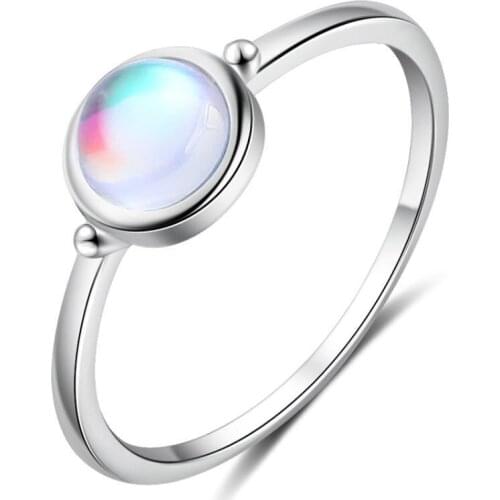 Silver Plated Round Moon Stone Ring Extremely Simple Thin Lady Engagement Ring Elegant Girl Party Banquet Jewelry Accessories