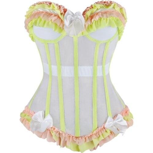Sexy Womens Ruffle Trim Mesh Corset with Hook and Eye Closure Back Slimming Basque Wear Burlesque Corsage Bustier with Garter