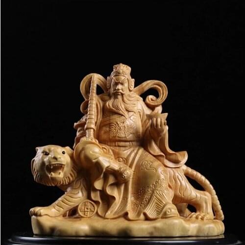 Boxwood 12cm Zhao Gongming Sculpture Wood Taoist God of Wealth Statue Lucky Home Decor