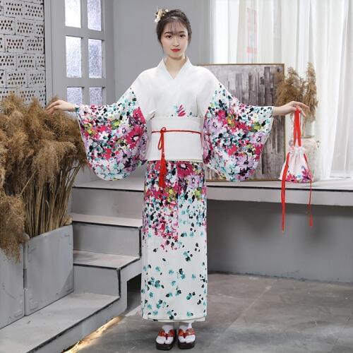 Japanese Traditional Ladies Kimono Dress White Elegant Long Japan Clothes Yukata Women Folk Dance Performance Costume DQL1415