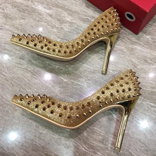 2019 Fashion free shipping new gold Glitter spikes Poined Toe Stiletto high heel shoe pump HIGH-HEELED SHOE dress shoes
