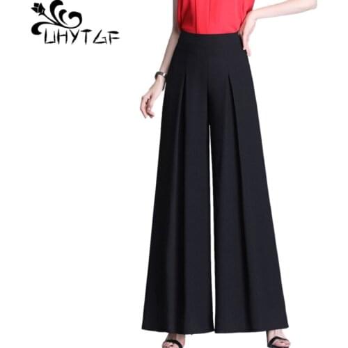 UHYTGF High Waist Summer Pants For Women Solid Chiffon Wide Leg Pants Casual Thin Plus Size Trousers Female Dancing Trousers1367