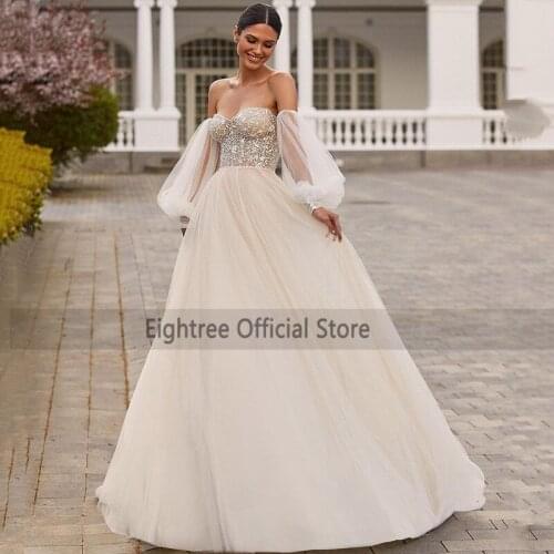 Eightree Vestido de Noivas Vintage Wedding Dresses 2021 Puff Sleeve Bride Dress Lace Beads Princess Wedding Gowns