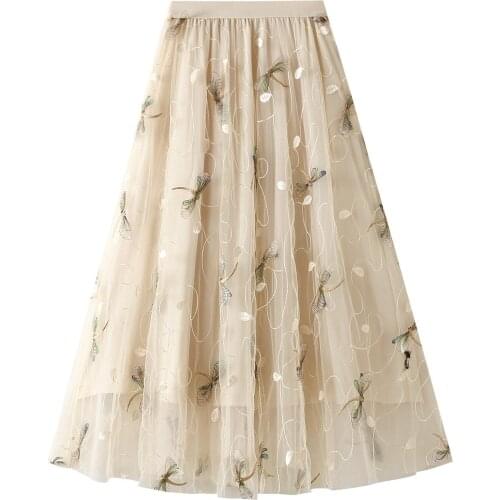 2021 New Female Long Skirt Summer Butterfly Embroidery High Waist Skirt A-Line Dress for Women Black/Gray/Apricot