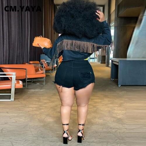 CM.YAYA Women Winter Fall Tassel Patchwork Denim Jacket for Outdoor Wear