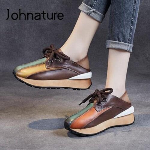 Johnature Genuine Leather Shoes Women Sneakers Mixed Colors Lace-Up 2021 New Autumn Comfortable All-Match Platform Sneakers