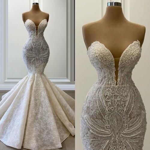 2022 Lace Pearls Mermaid Wedding Dresses Bridal Gowns Sweetheart Appliques Country Vestidos De Novia