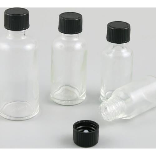10 x 5ml 10ml 15ml 20ml 30ml 50m 100ml Essential Oil Clear Glass Bottle With Plastic Black Cap For Liquid Reagent Pipette Bottle