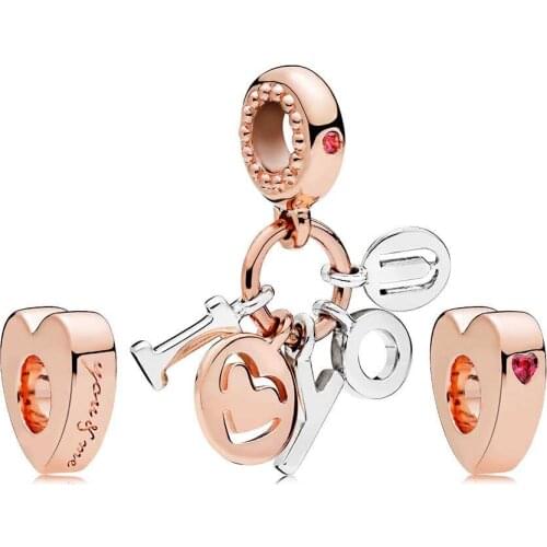 2018 NEW 100% 925 Sterling Silver Pendant Rose Gold I Love You Charm Pack Bead Fit Original Bracelets Jewelry Set Gift