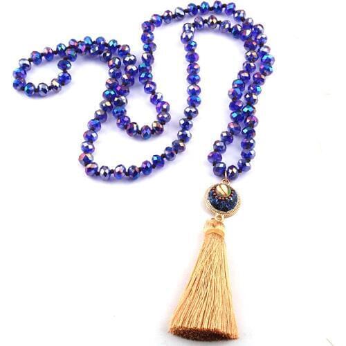 Free Shipping Fashion Bohemian Tribal Jewelry Glass Crystal Long Knotted Fat Tassel Necklaces