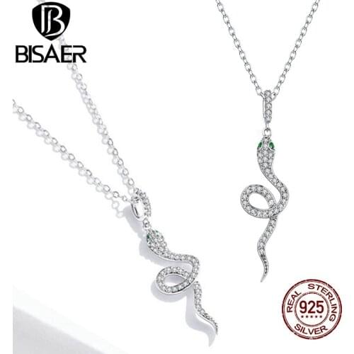 BISAER Spirit Snake Necklace 925 Sterling Silver Sparkling Zircon Long Chain Link For Women Best Gift Jewelry 2020 ECN409