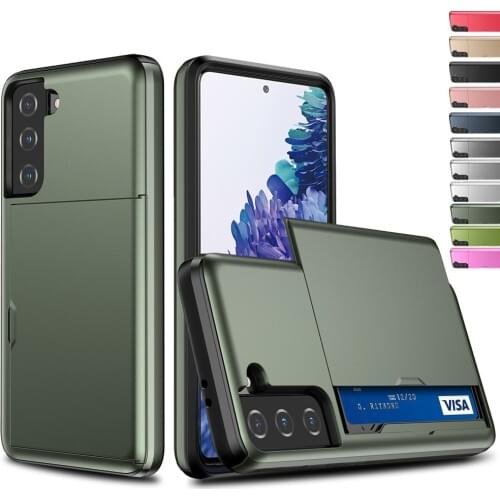 Armor Slide Card Slots Holder Cover Case For Samsung Galaxy S21 Ultra S30 S20 FE S10 5G S9 S8 Plus Note 20 Ultra S 10 E 9 8 Case