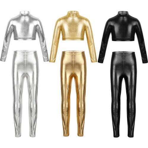 Oyolan Kids Long Sleeve Metallic Crop Top Skinny Pants Legging Girls Shiny Dancewear Stage Performance Show Suit Kid Clothes Set