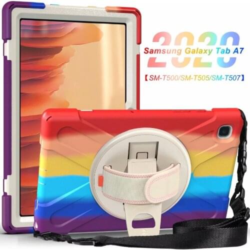 For Samsung Galaxy Tab A 7 A7 SM T500 T505 T507 10.1'' case 360 Rotation Rainbow Heavy duty 3 Layer shockproof Kids cover+ strap