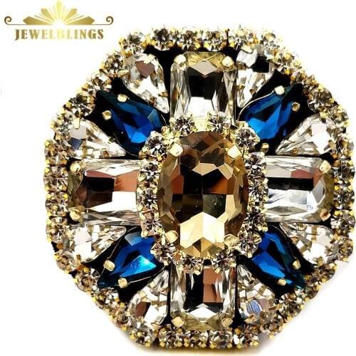 Edwardian Vintage Style Champagne Oval Stone Domed Clear and Blue Square Brooches Gold Tone Fabric Back Blue Square Flower Pins