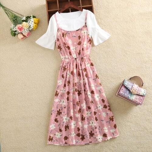 Elegant Women Summer Sweet Floral Print Two-piece Set Short Trumpet Sleeve O-neck Casual Ladies Dresses Woman Dress 3326